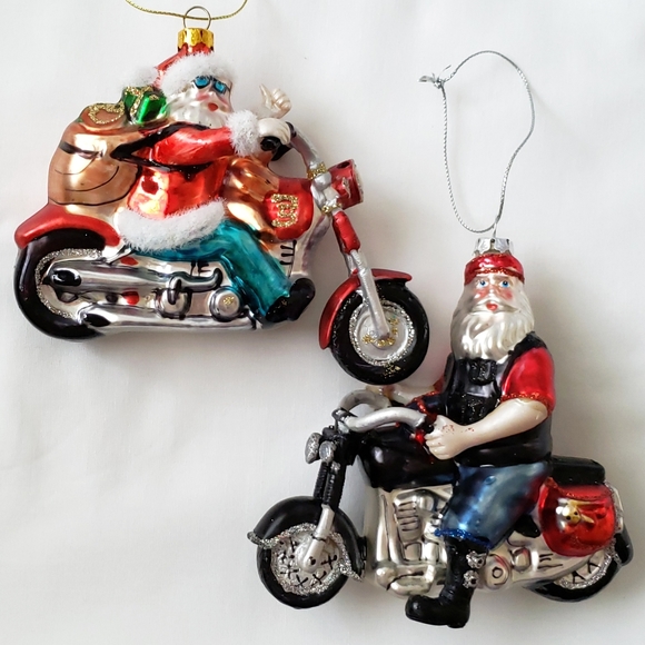 Motorcycle Santa Glass Christmas Ornament Set